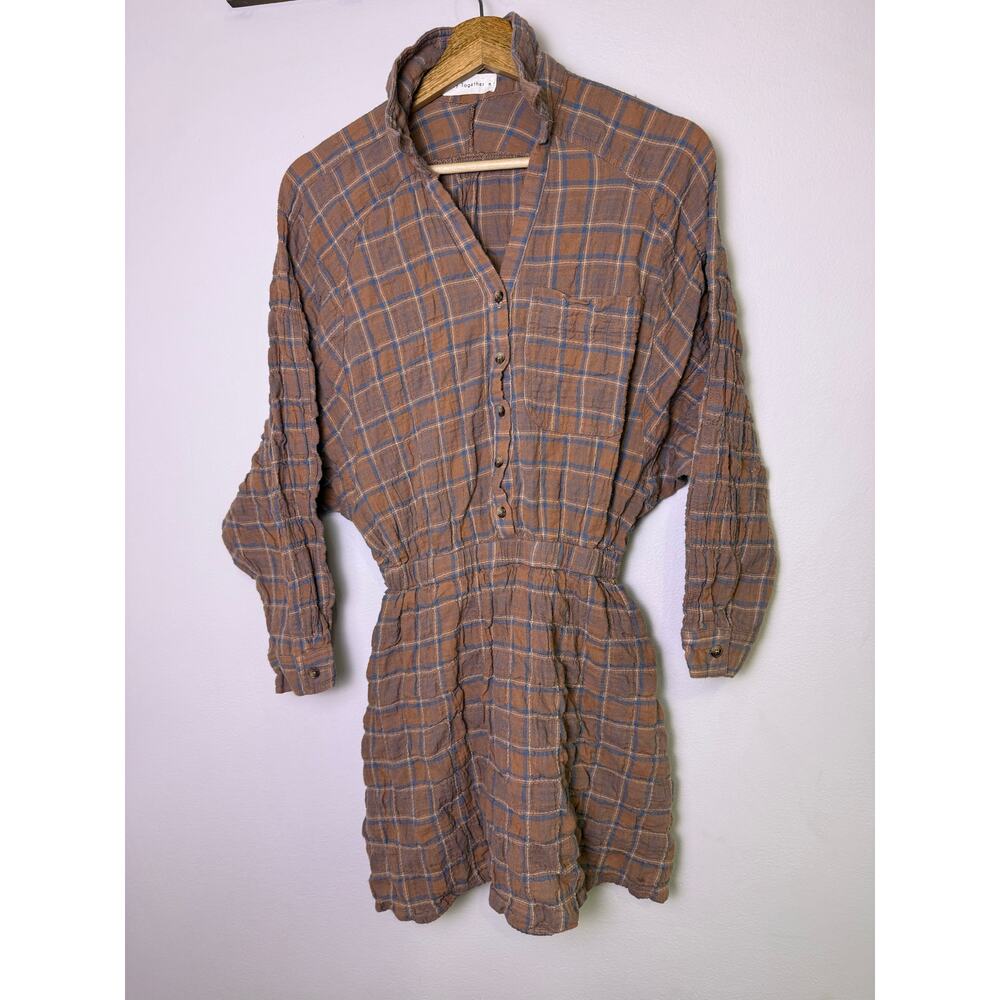 By Together Plaid Shirt Dress Brown Blue Boho Gauze Mini Medium